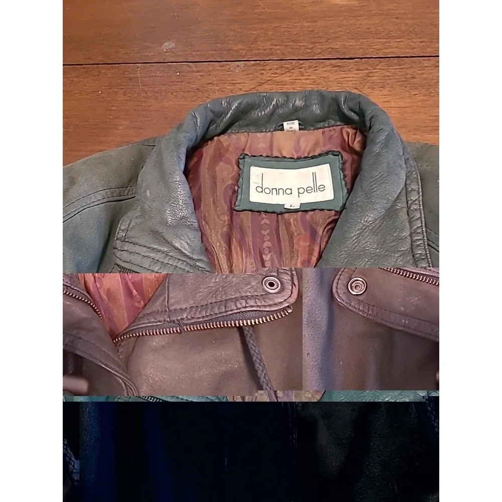 VTG Donna Pelle Men Large Green Genuine Leather Bomber Jacket Pockets Zipper